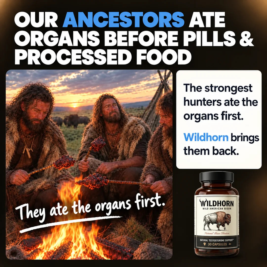 Wild Bison Testosterone Booster by WILDHORN, featuring supplement capsules in a natural setting for men's health support.