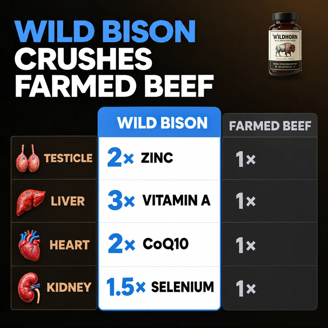 Wild Bison testosterone booster supplement by WILDHORN, featuring natural ingredients in a sleek bottle with bold labeling.