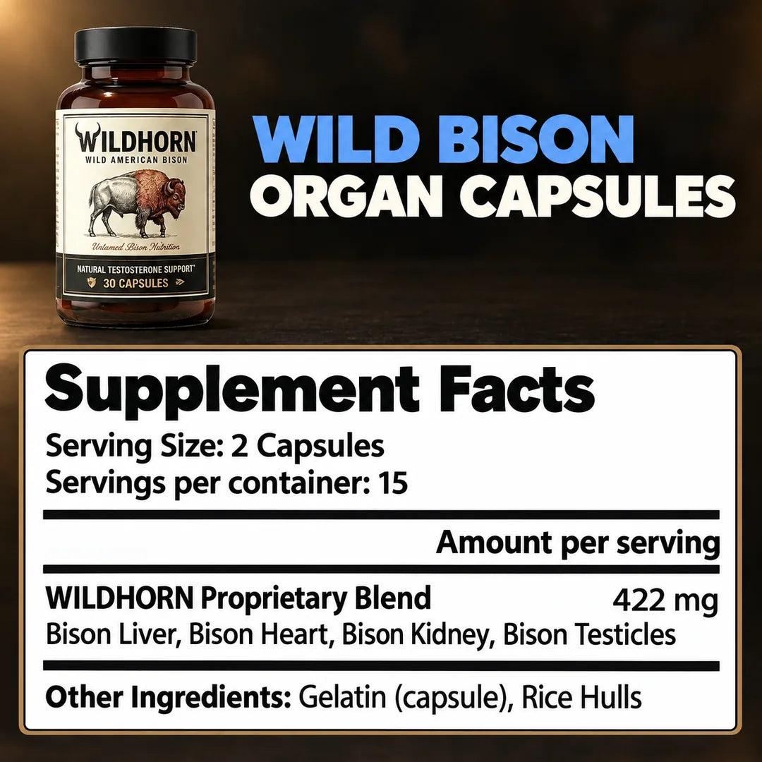 Wild Bison testosterone booster supplement by WILDHORN, featuring the product packaging with bold branding and natural ingredients.