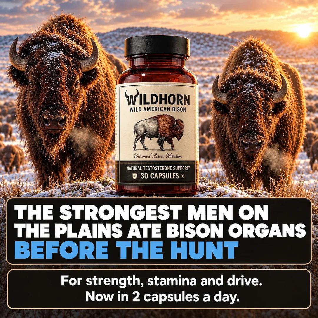 Wild Bison testosterone booster supplement by WILDHORN, featuring the product bottle with label and natural bison imagery.