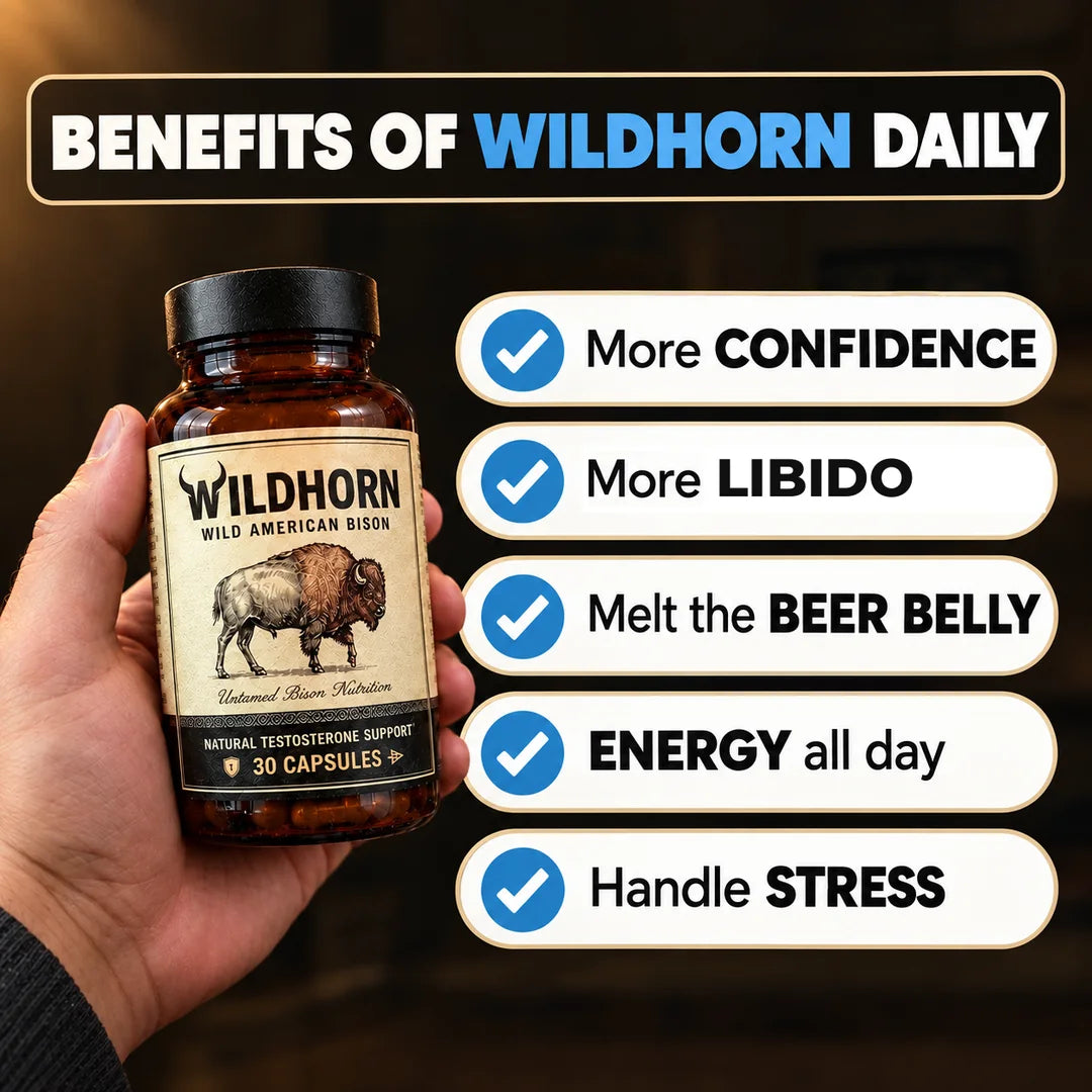 Wild Bison Testosterone Booster by WILDHORN, featuring natural ingredients, in a sleek bottle, designed to enhance vitality and energy.