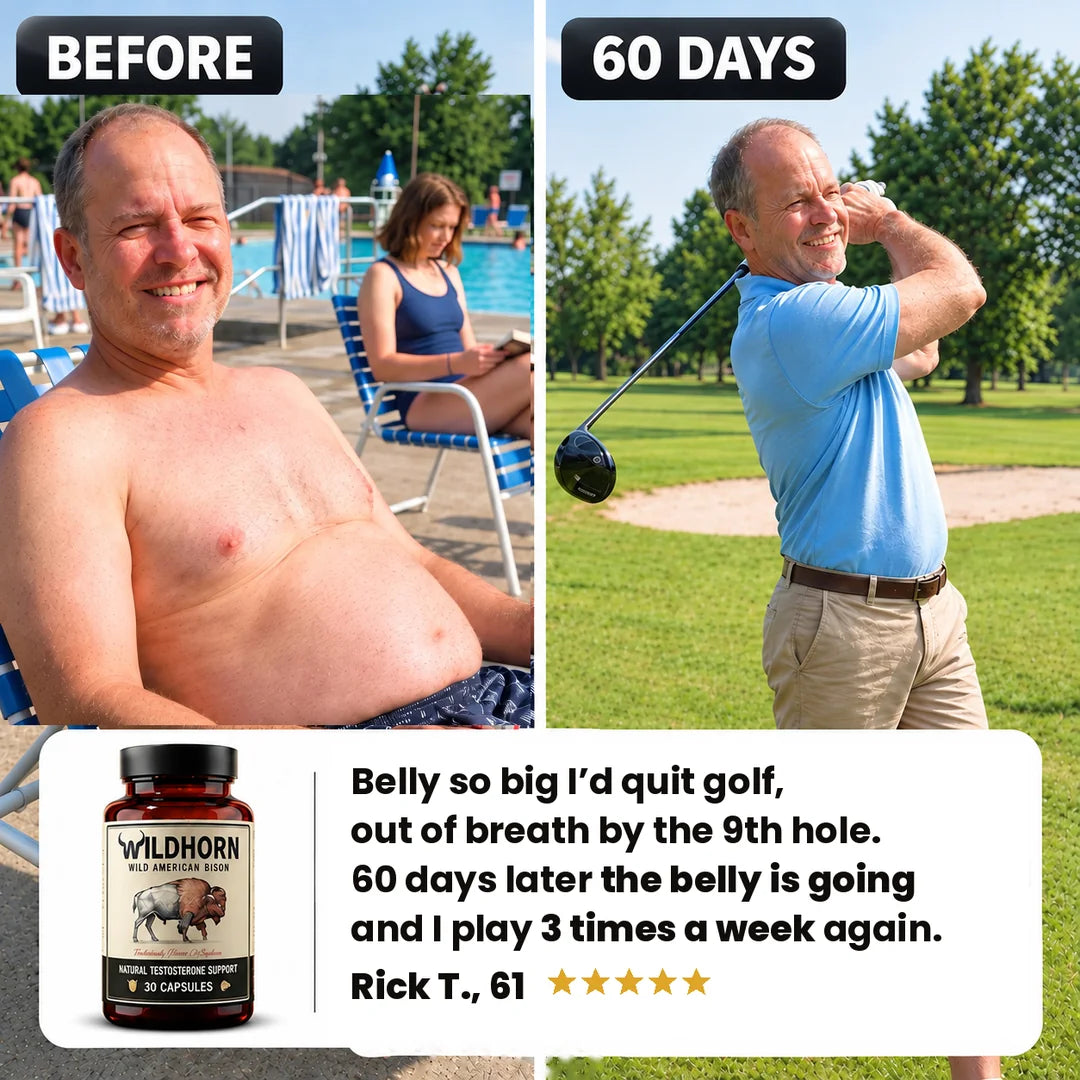 Wild Bison testosterone booster supplement by WILDHORN, showing the bottle with label and natural bison imagery.