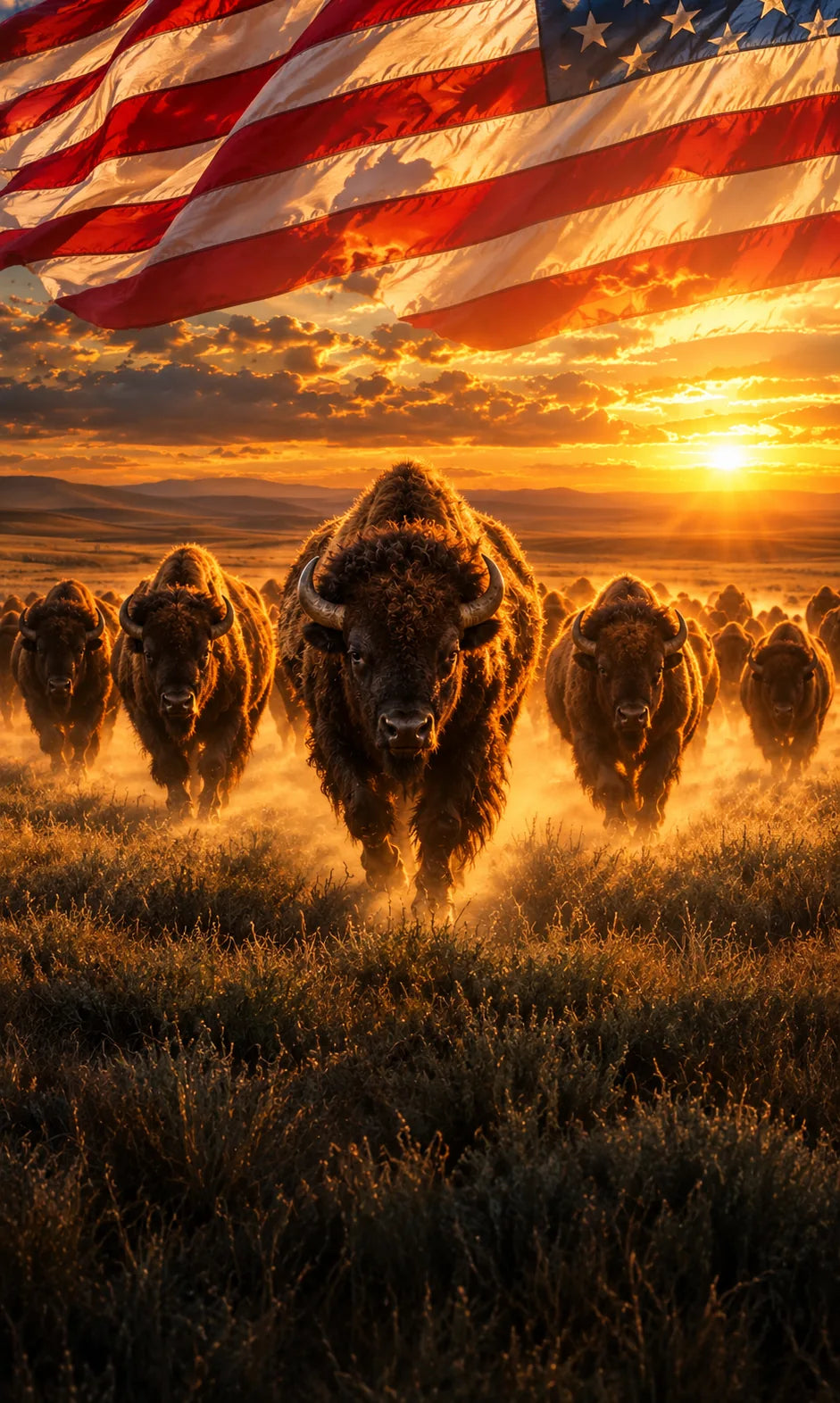 Wild bison herd under an American flag at sunset