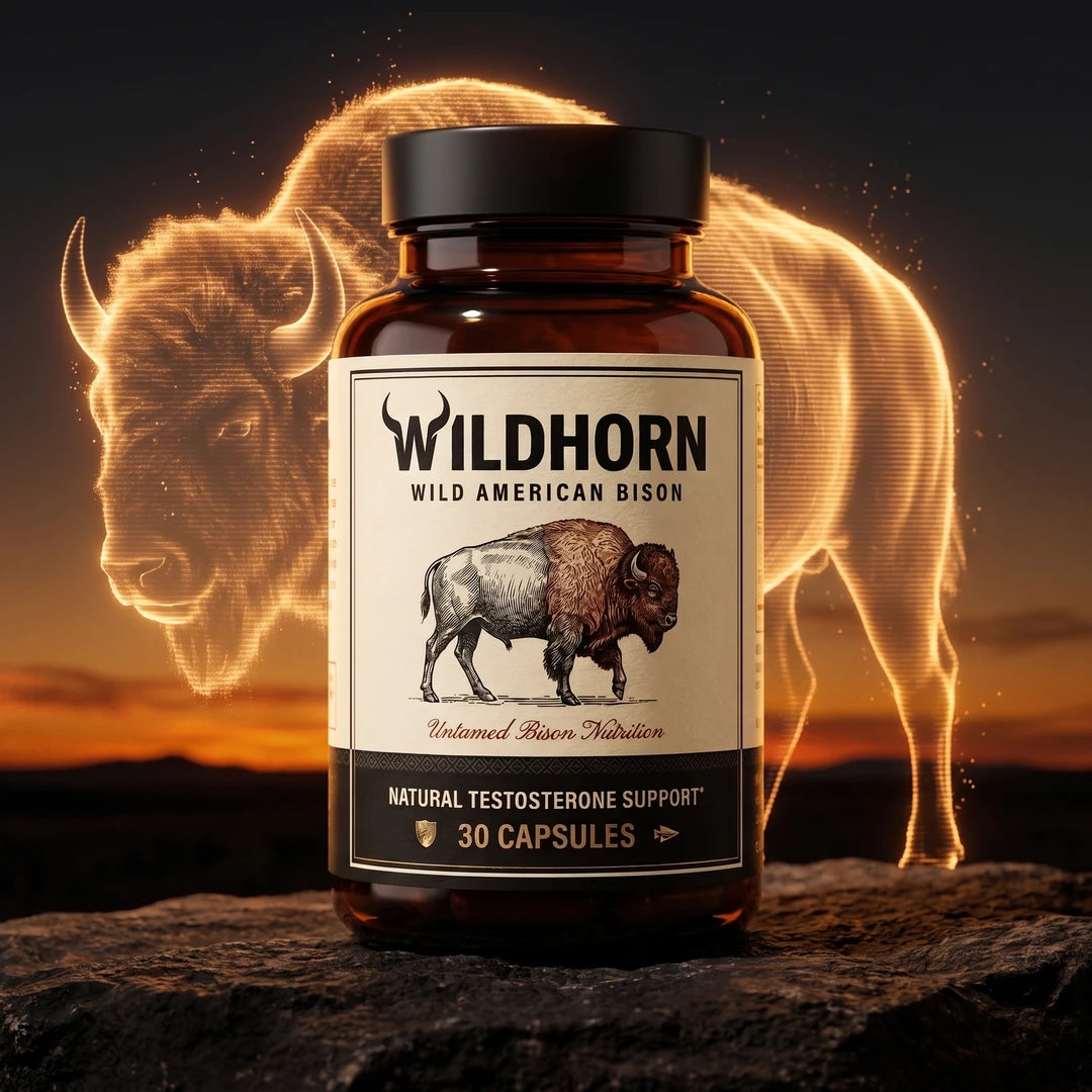 Wildhorn Wild Bison Testosterone Booster jar in front of a glowing bison at sunset