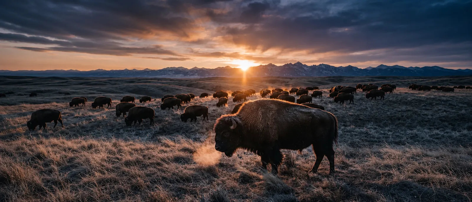 Herd of wild American bison grazing on the open range at sunset