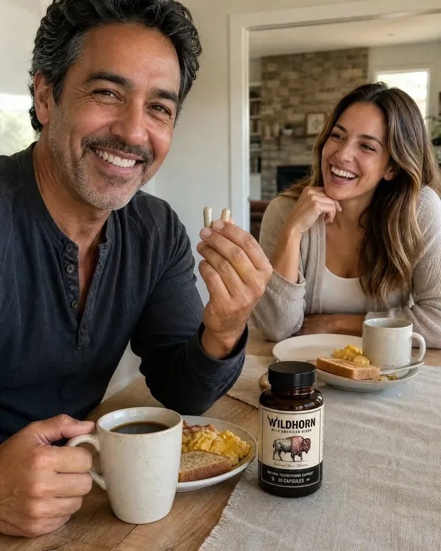 Man holding two Wildhorn capsules at breakfast