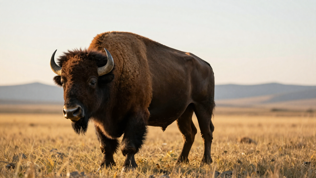 Wild American bison in a golden prairie at sunrise