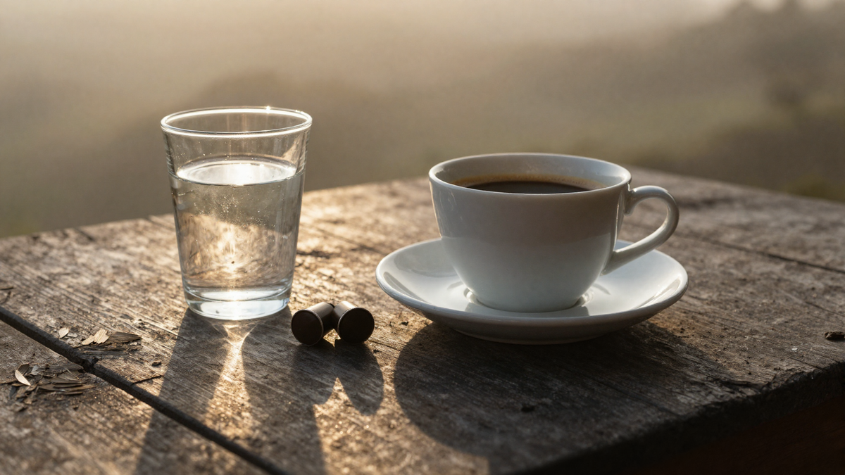 A glass of water and capsules on a wooden table at sunrise