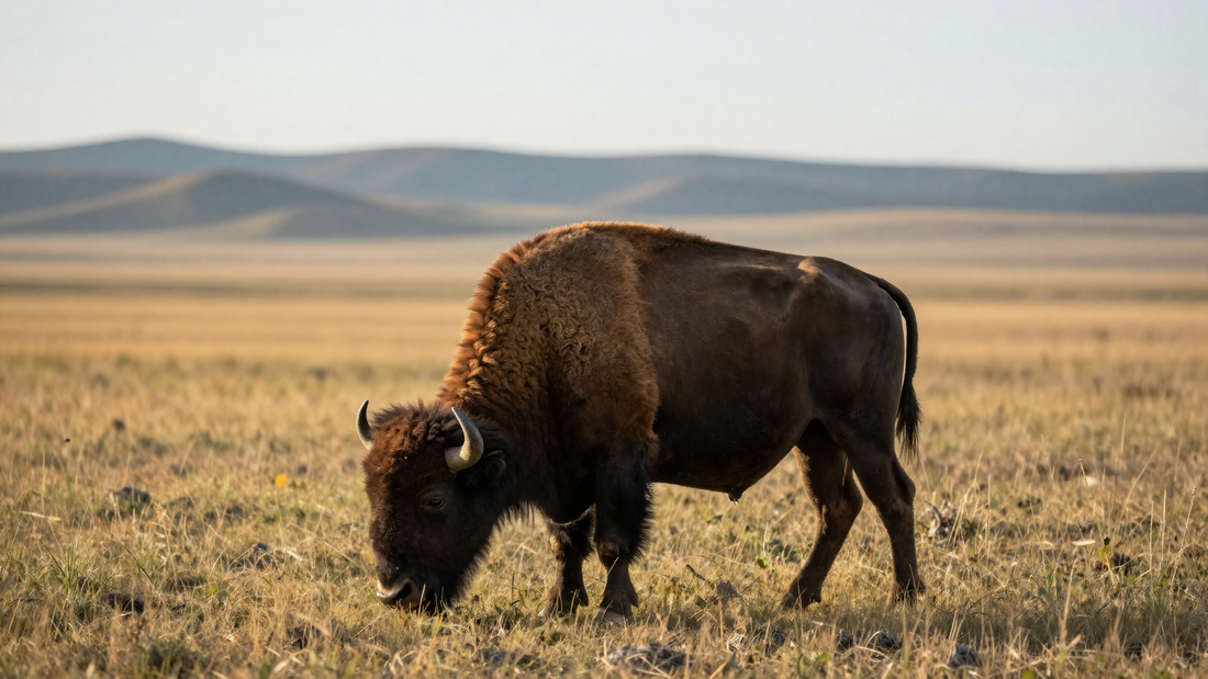 A wild bison grazing in an open prairie at morning light