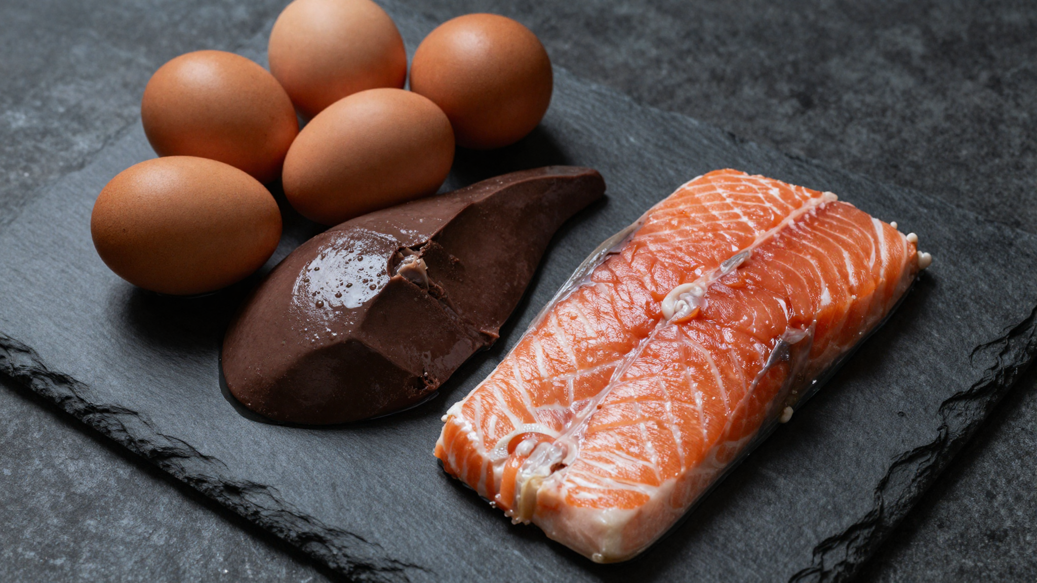 Beef liver, eggs and salmon on a dark slate board