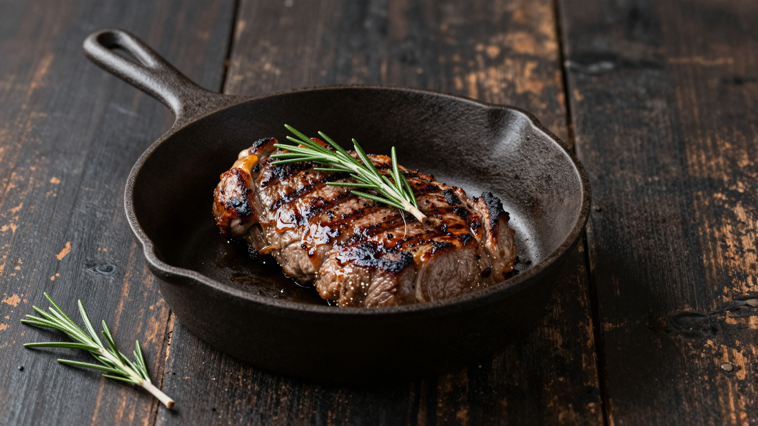 Cast iron skillet with grilled meat and rosemary on dark wood