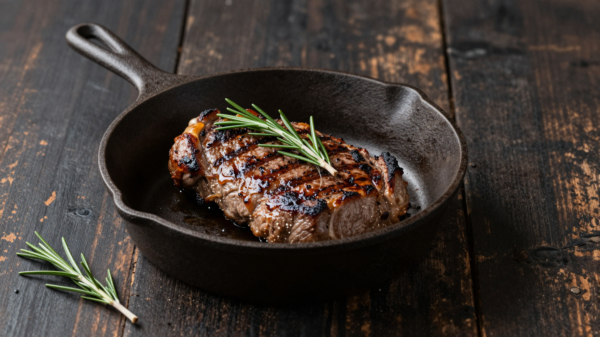 Cast iron skillet with grilled meat and rosemary on dark wood