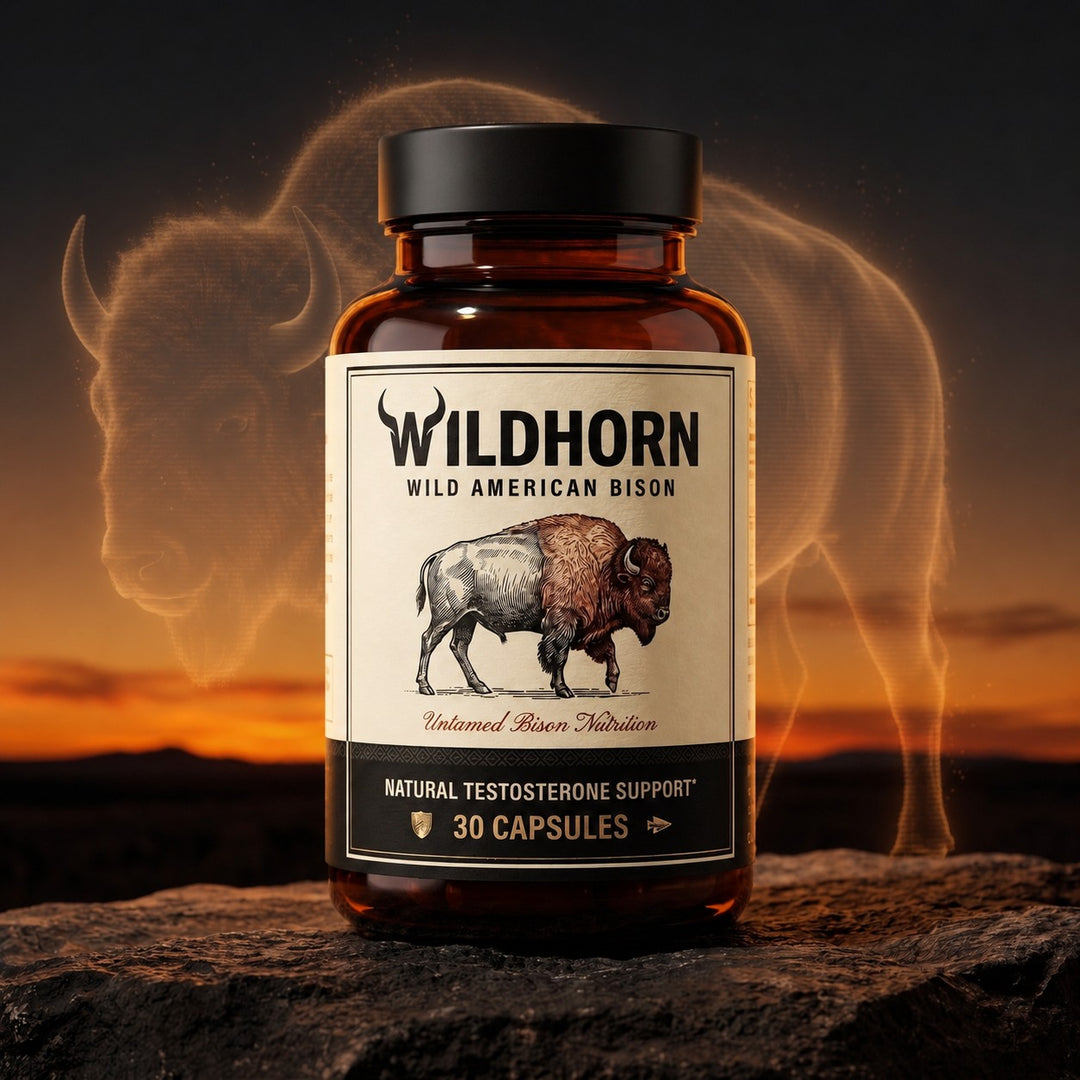 Wild Bison testosterone booster supplement in a jar from WILDHORN, featuring wild bison organs for natural health support.