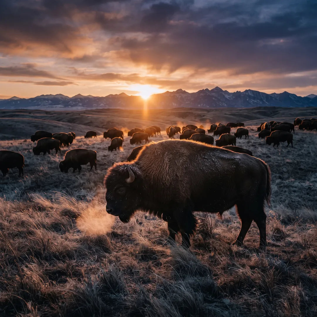 Wild bison grazing on open range at sunset