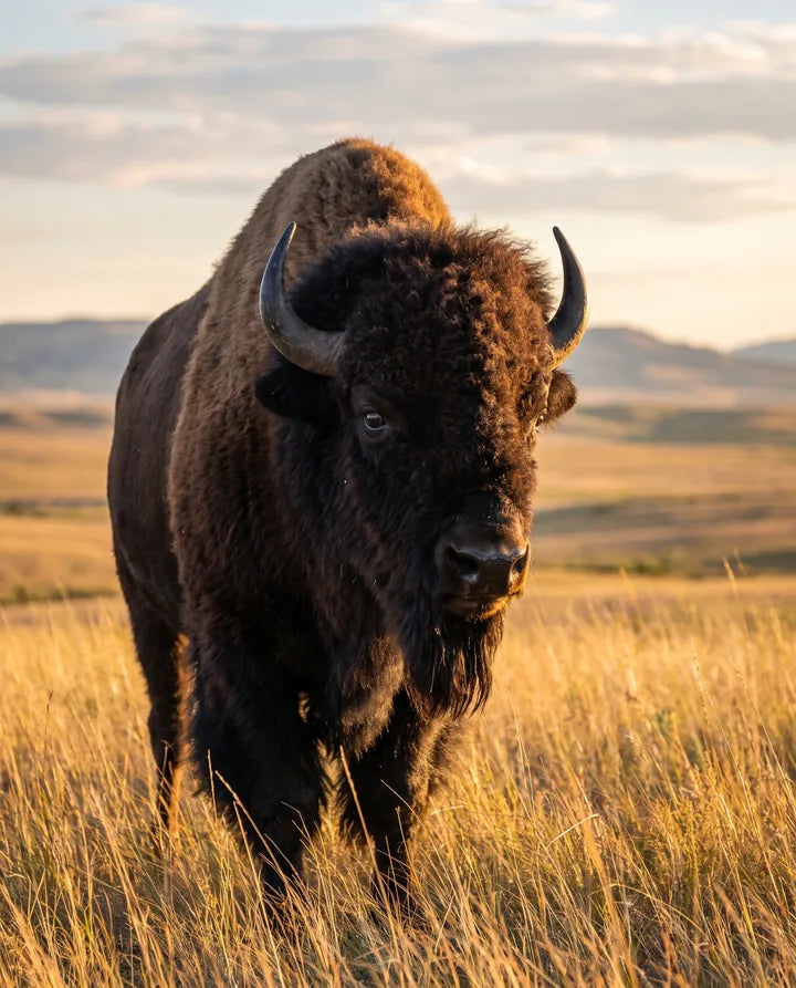A wild bison bull standing in tall prairie grass at sunrise