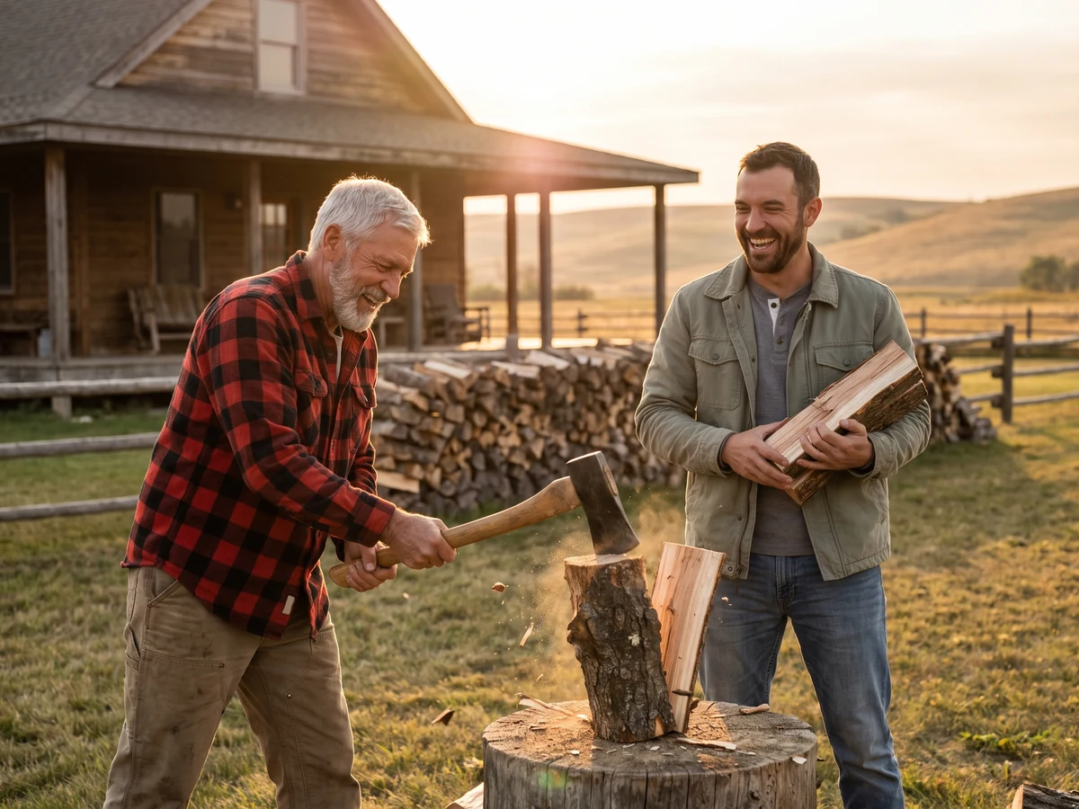 Father splitting firewood with his son at the ranch