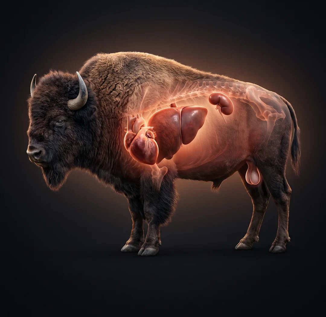Wild bison with its liver, heart, kidney and testicle visible