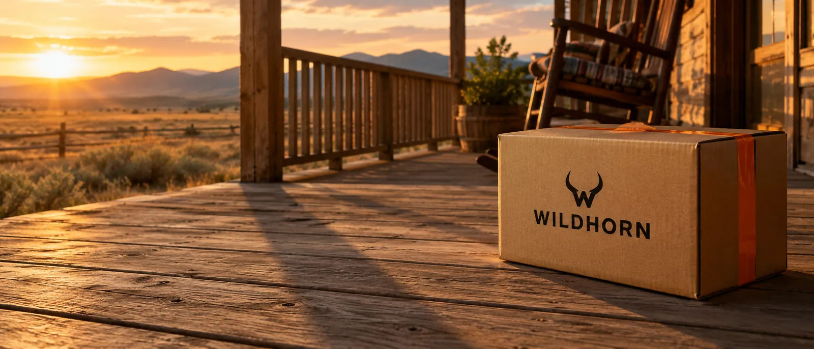 Wildhorn shipping box sealed with orange tape on the wooden porch of a ranch house at golden hour