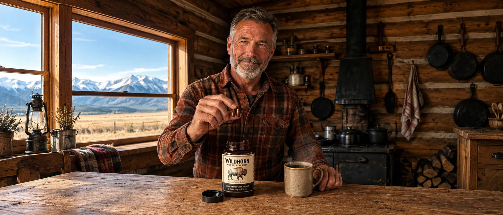 Man taking Wildhorn wild American bison capsules from an open jar at a log cabin kitchen table