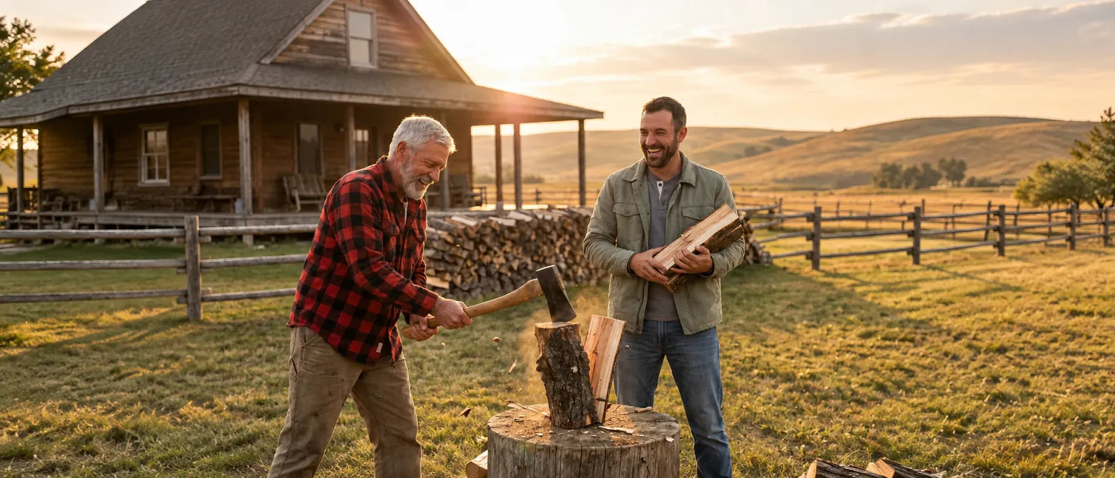 Two men laughing while splitting firewood outside a ranch cabin at golden hour