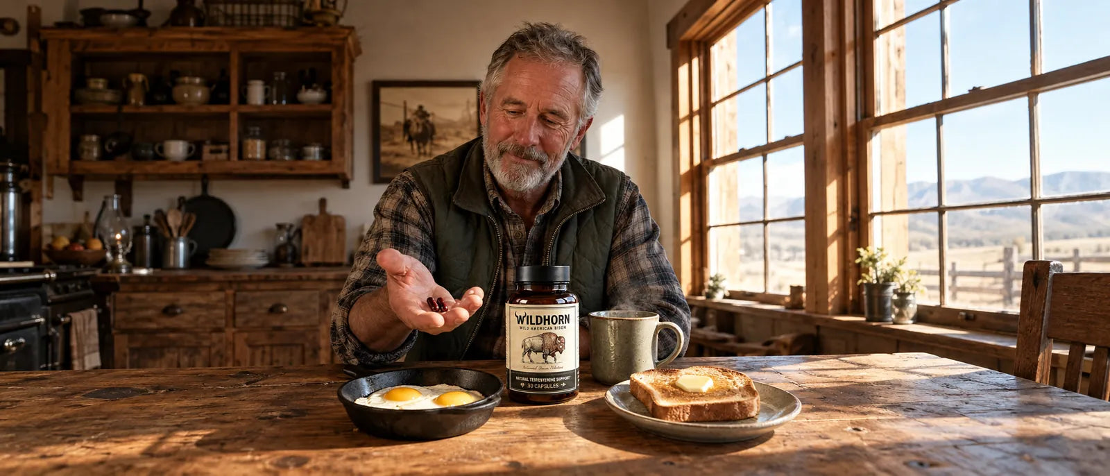 Man taking his daily Wildhorn bison organ capsules with a ranch breakfast of eggs, toast and coffee